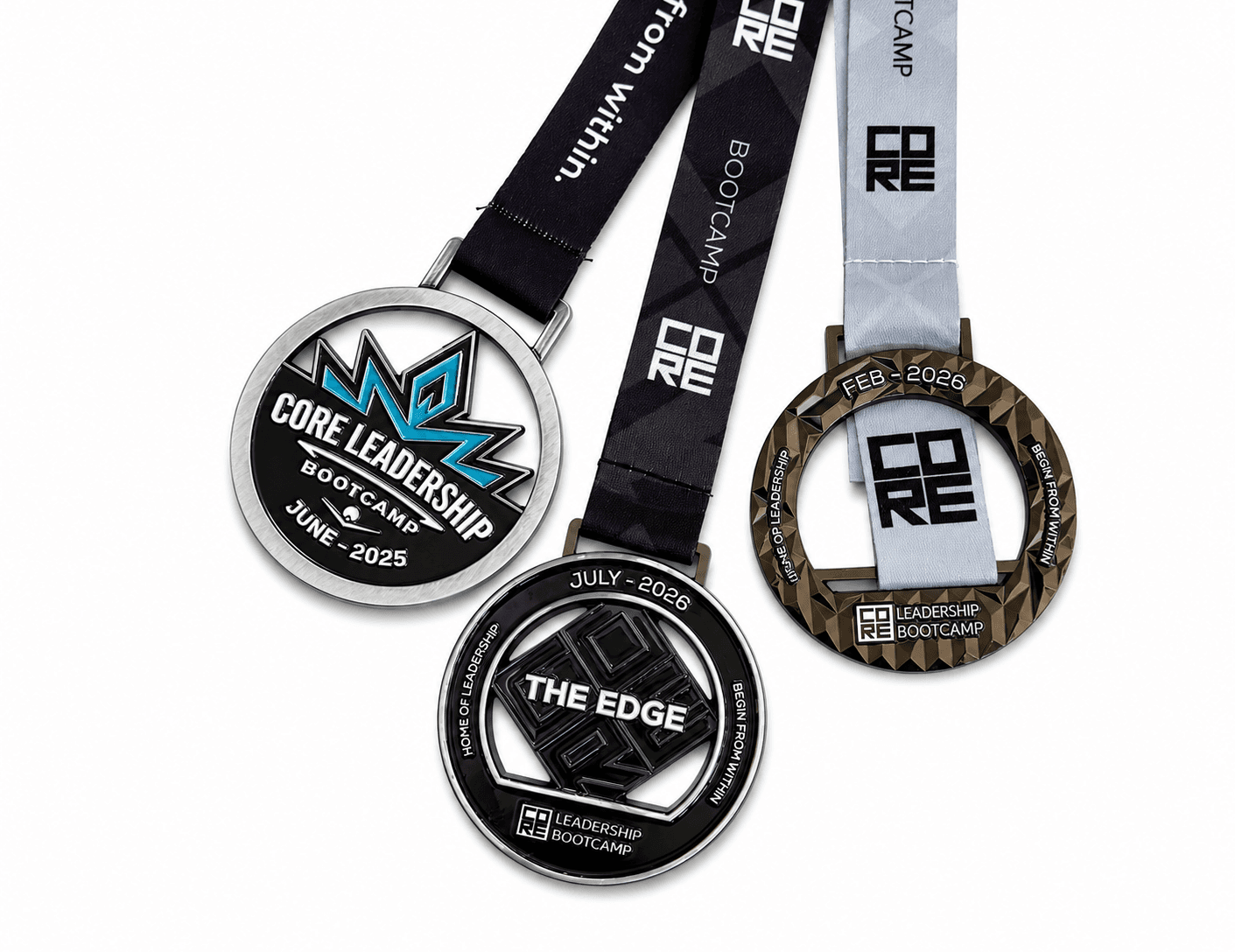 Three CORE Leadership Bootcamp medals for the June 2025, February 2026, and July 2026 editions